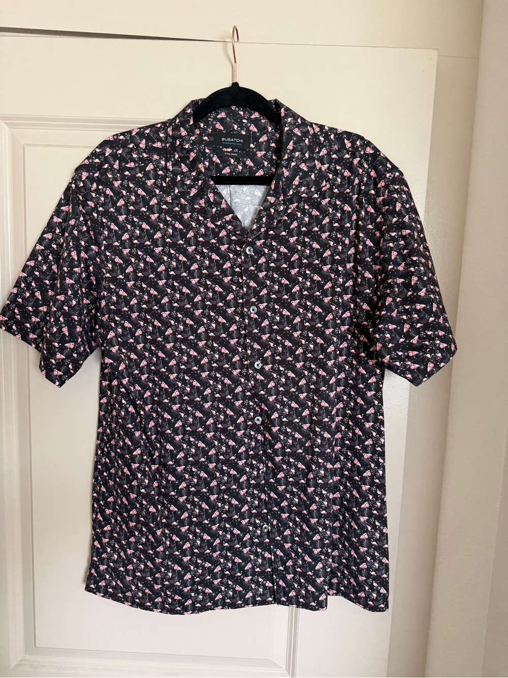 Bugatchi Black Short-Sleeve Button-Down Shirt with Pink Floral Print